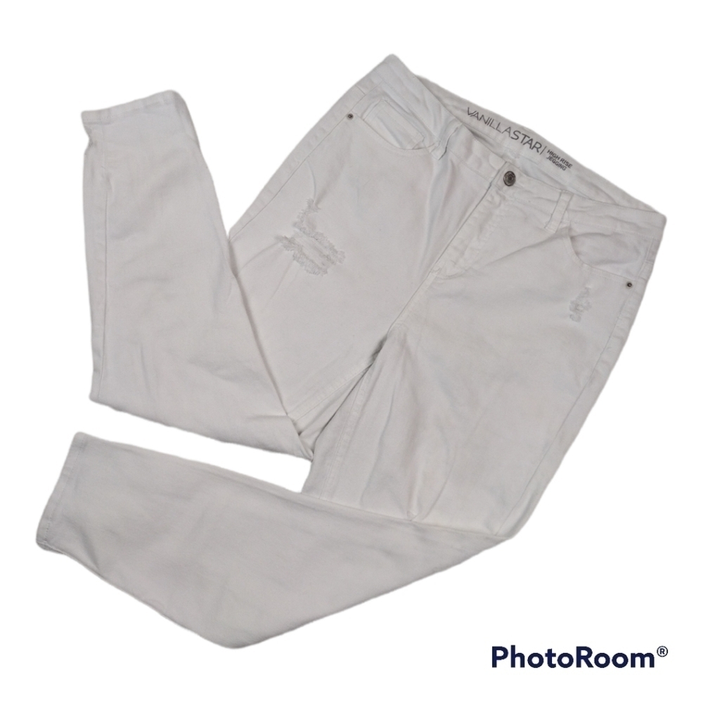 Vanilla Star White High Rise Straight Leg Distressed Ripped Five People Jeans